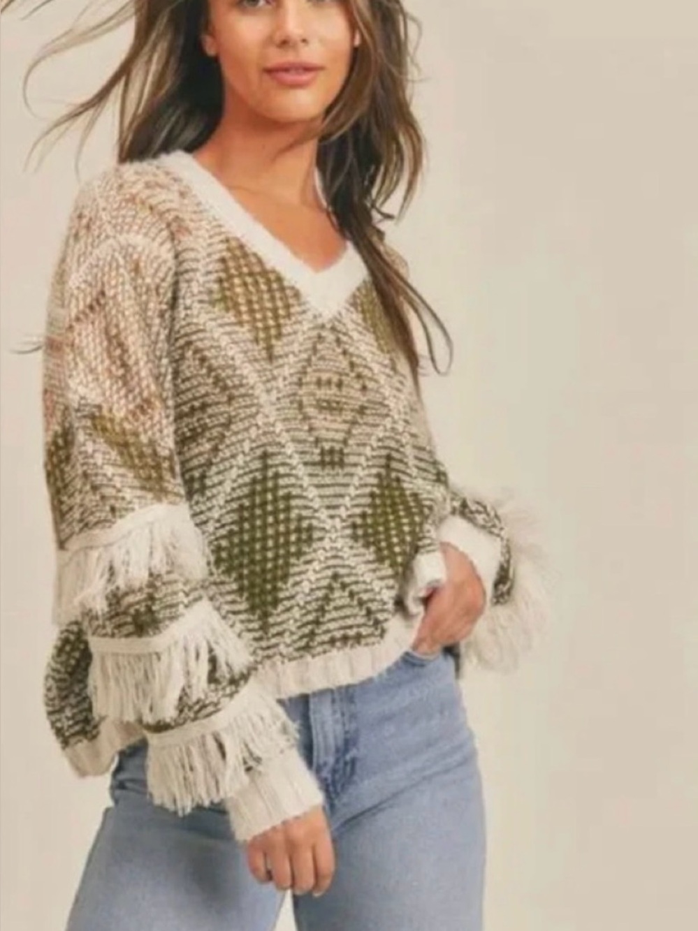 Sadie & Sage Olive and Cream Fringe V-Neck Sweater